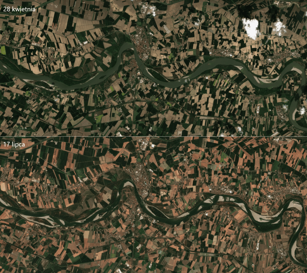 Susza w dolinie Padu. Zdjęcie satelitarne Padu 28 kwietnia i 17 lipca 2022 roku. ESA/Sentinel-2