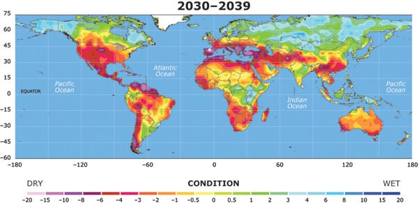 Mapa suszy 2030 - 2039.