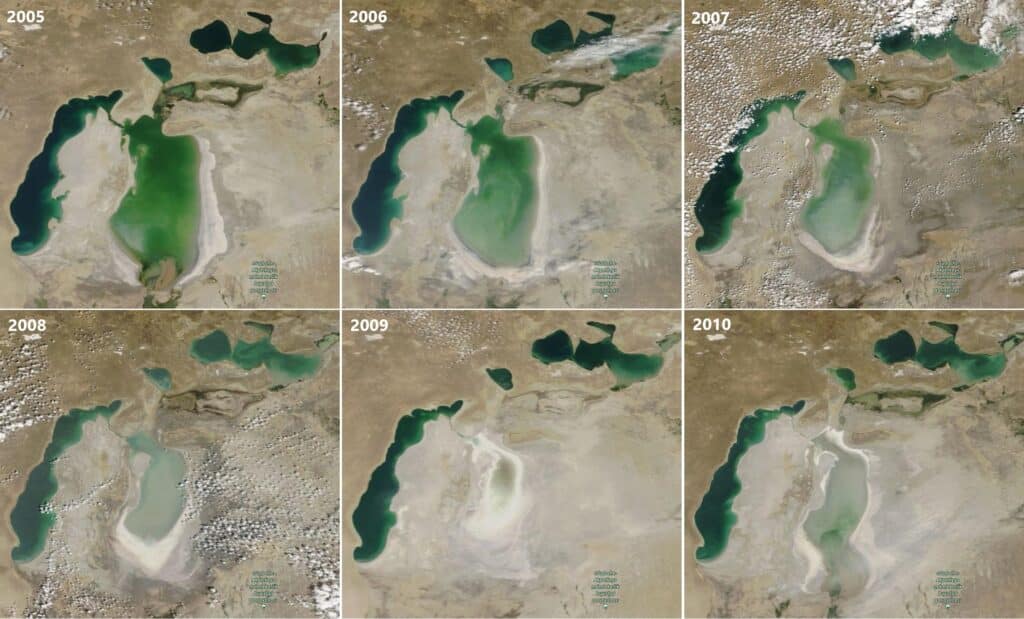 Ilustracja 1. Jezioro Aralskie w latach 2005-2010. NASA Worldview