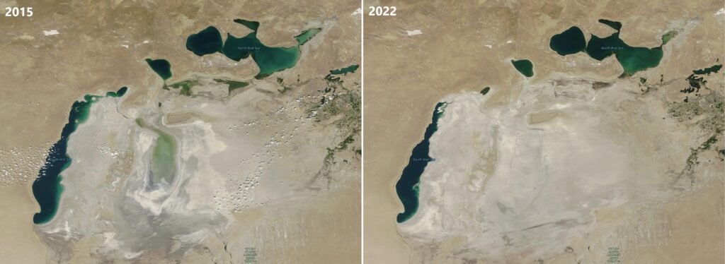 Ilustracja 2. Jezioro Aralskie w 2015 i 2022 roku. NASA Worldview