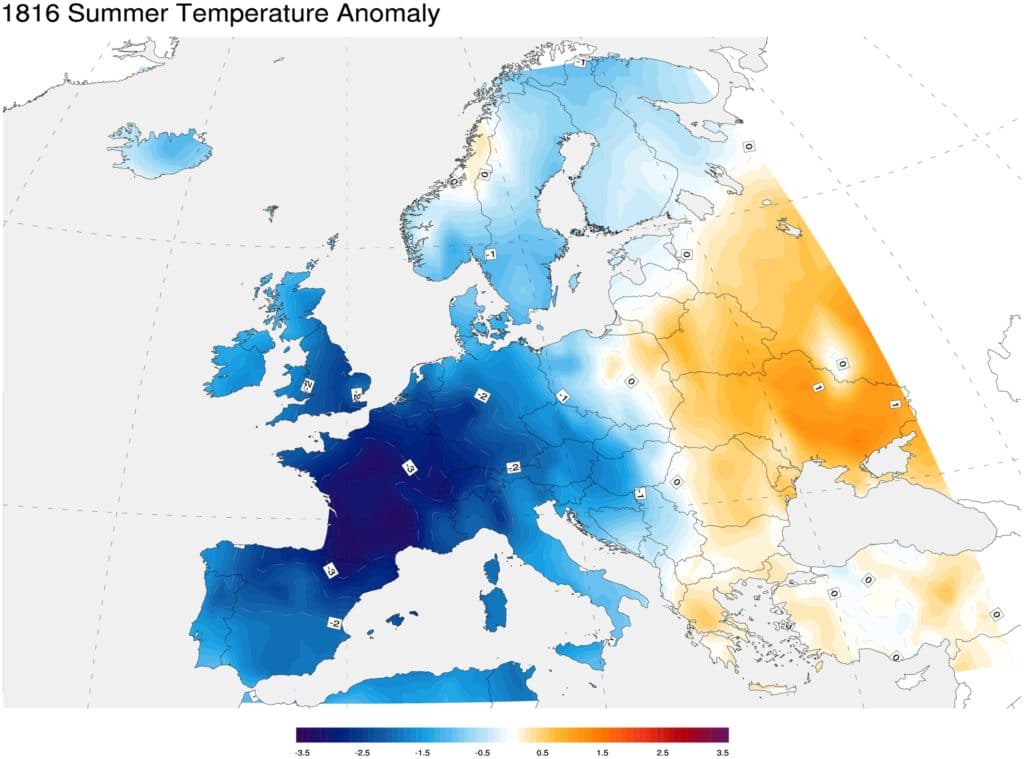 Anomalie temperatury w lecie 1816 roku w Europie. Źródło: NOAA/Creative Commons. Wulkany CO2