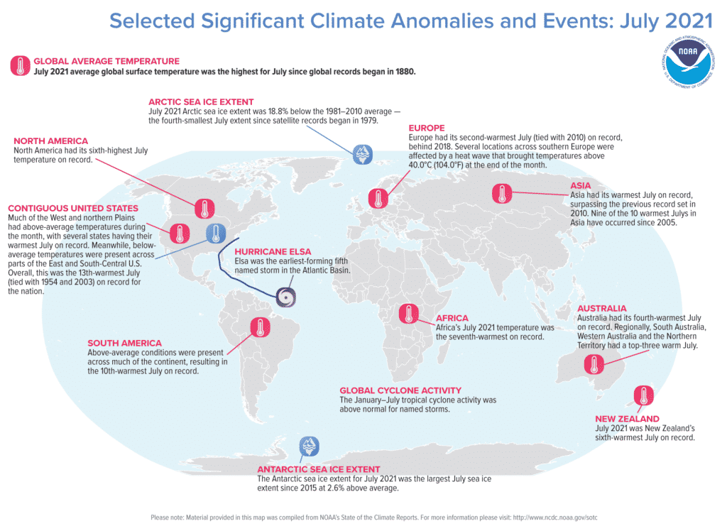 Rekordowo ciepły lipiec to niejedyna warta uwagi informacja dotycząca pogody w lecie 2021 roku. Źródło: NOAA.
