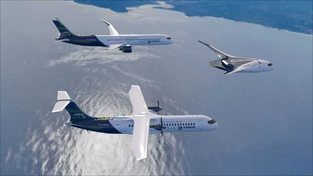 Airbus pokazał trzy projekty tego, jak będzie wyglądał samolot na wodór. Od przypominającego dzisiejsze samoloty pasażerskie do futurystycznego skrzydła. Źródło: Airbus.