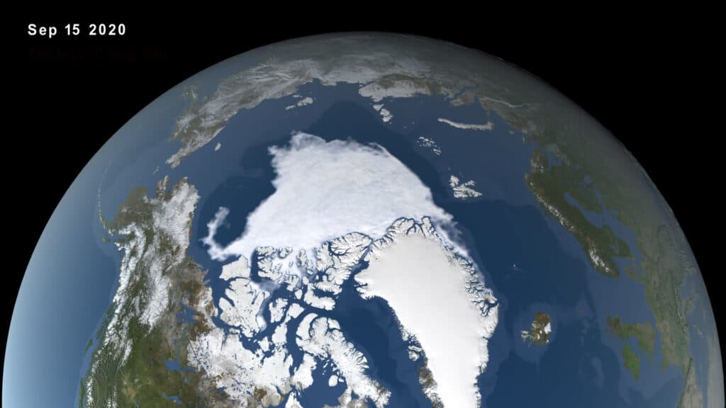  Wizualizacja widoku czapy polarnej z kosmosu 15 września 2020 roku. NASA Sezon topnienia