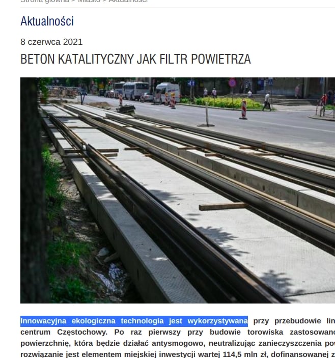 Urząd Miasta Częstochowa chwali się "innowacyjną ekologiczną technologią". To beton antysmogowy.