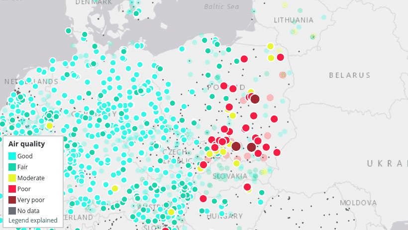 ||Skala Europejskiej Agencji Środowiska|Indeks jakości powietrza GIOŚ|Francja - normy jakości powietrza