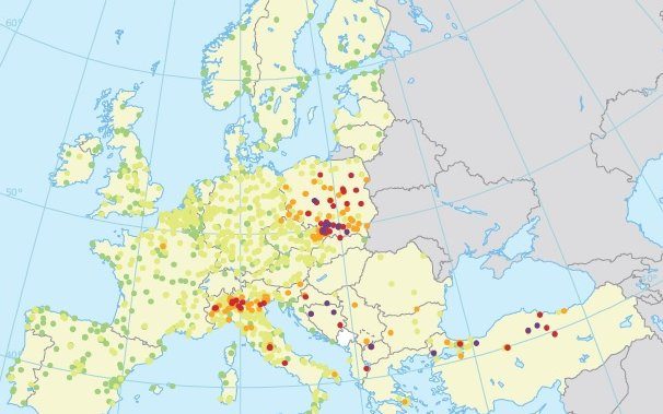 Zanieczyszczenie powietrza Polska Europa|mapa pm10 eea||